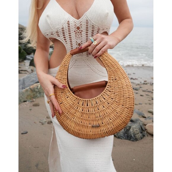RAMLA New Ocean Rattan and Vegan Leather Bag Round Handle Purse - Picture 2 of 9